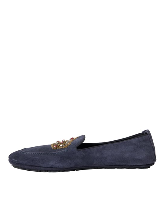 Dolce & Gabbana Blue Leather Suede Crystal Crown Loafers Shoes - Image 5