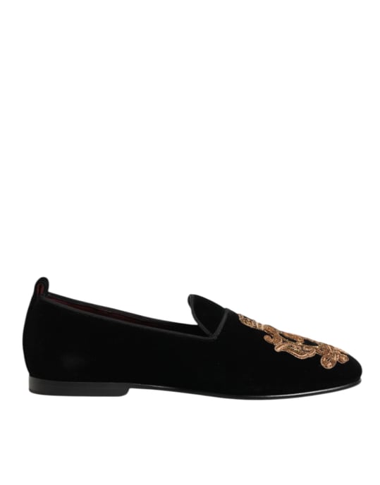 Dolce & Gabbana Zwarte Fluwelen Gouden Kroon Heren Instappers - Image 2