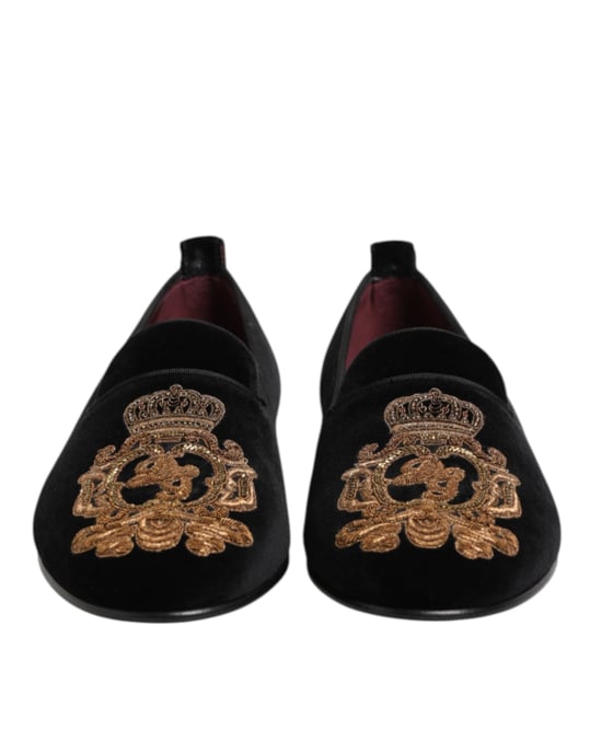 Dolce & Gabbana Zwarte Fluwelen Gouden Kroon Heren Instappers - Image 3