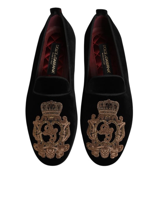 Dolce & Gabbana Zwarte Fluwelen Gouden Kroon Heren Instappers - Image 4