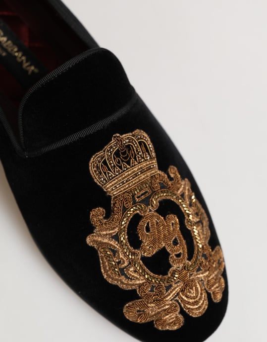 Dolce & Gabbana Zwarte Fluwelen Gouden Kroon Heren Instappers - Image 5
