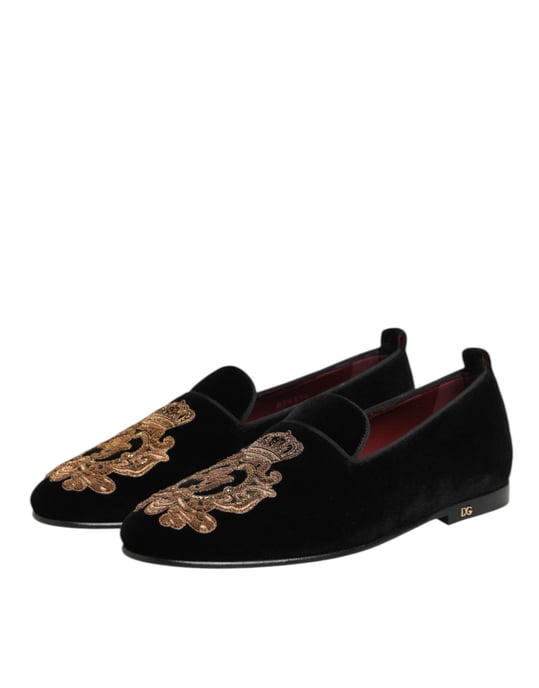 Dolce & Gabbana Zwarte Fluwelen Gouden Kroon Heren Instappers - Image 6