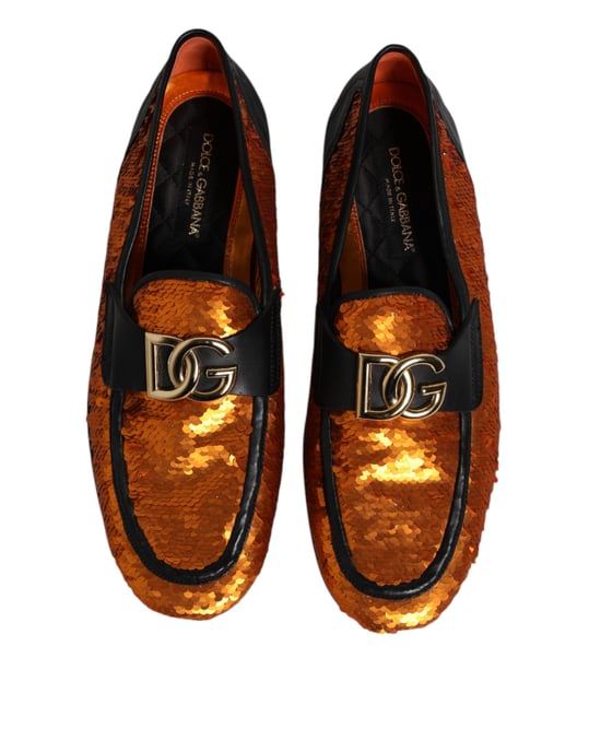 Dolce & Gabbana Oranje Pailletten Versierde Heren Loafers Schoenen - Image 3