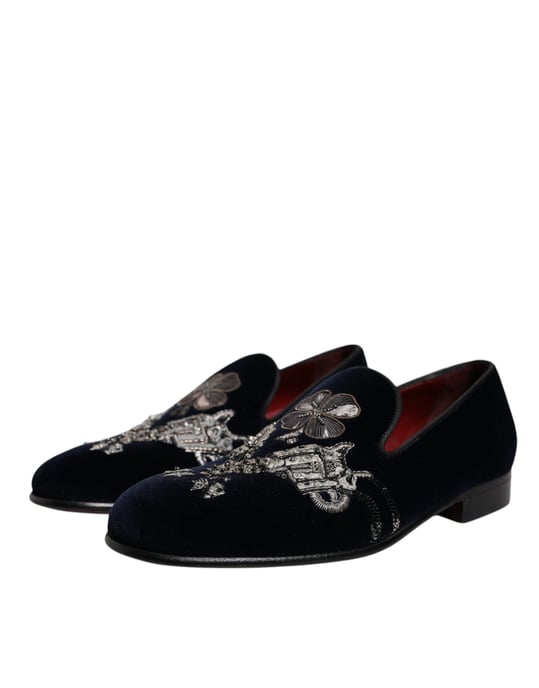 Dolce & Gabbana Svart Sammet Blommig Gun Loafers Klänning Skor - Image 3