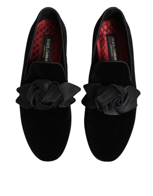 Dolce & Gabbana Svart Mocka Bomull Ros Slip On Loafers Skor - Image 3