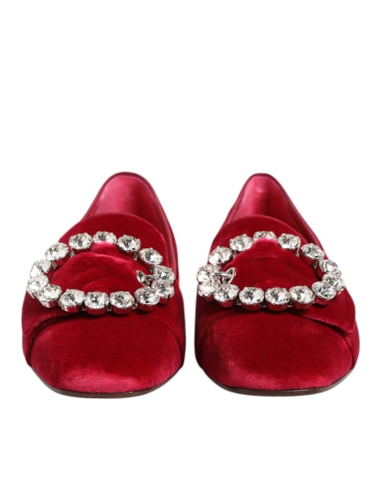 Dolce & Gabbana Rode Velours Kristallen Gespschoenen Flats - Image 3