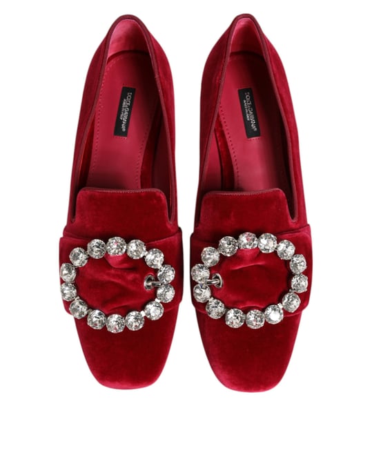 Dolce & Gabbana Rode Velours Kristallen Gespschoenen Flats - Image 4