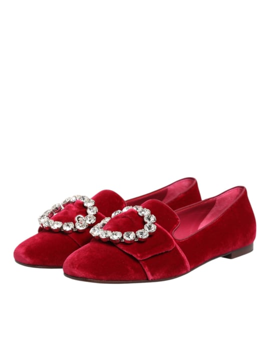 Dolce & Gabbana Rode Velours Kristallen Gespschoenen Flats - Image 5