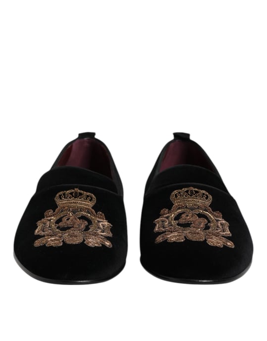 Dolce & Gabbana Svart Samtals Guld Krona Herr Loafers Skor - Image 2