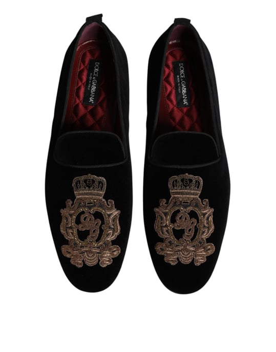 Dolce & Gabbana Svart Samtals Guld Krona Herr Loafers Skor - Image 3