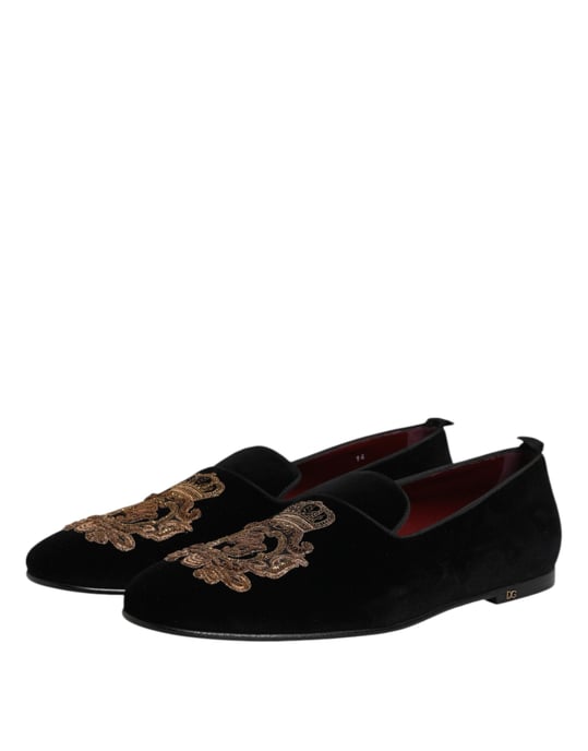 Dolce & Gabbana Svart Samtals Guld Krona Herr Loafers Skor - Image 4