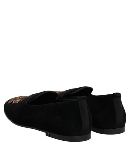 Dolce & Gabbana Svart Samtals Guld Krona Herr Loafers Skor - Image 5