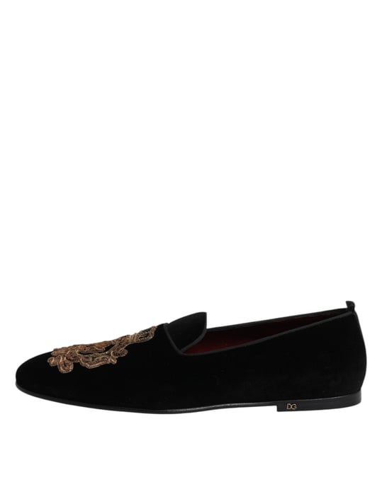 Dolce & Gabbana Svart Samtals Guld Krona Herr Loafers Skor - Image 6