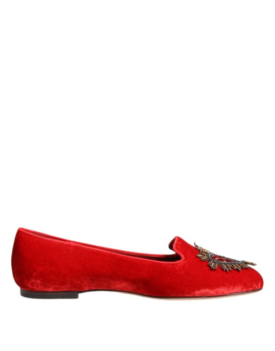 Dolce & Gabbana Red Velvet DG Heart Loafers Flats Shoes - Image 1