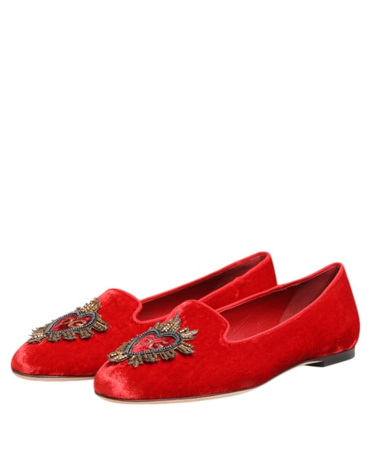 Dolce & Gabbana Red Velvet DG Heart Loafers Flats Shoes - Image 3