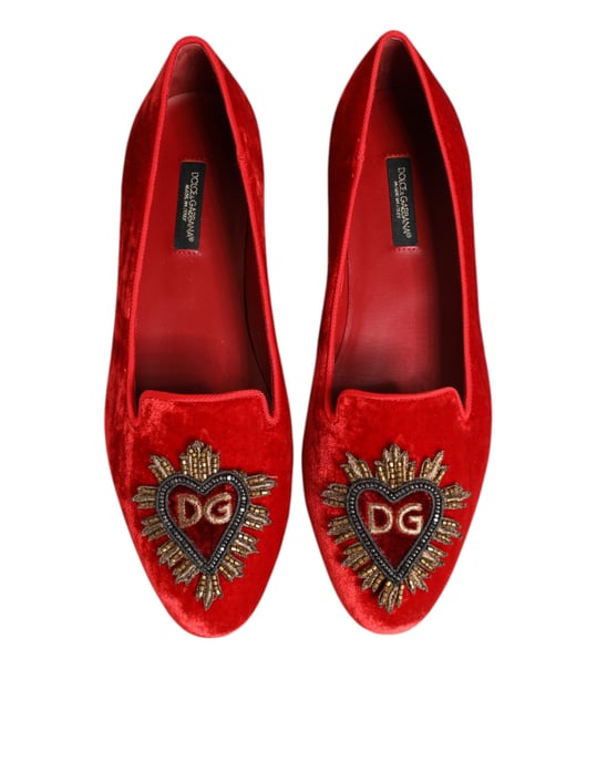 Dolce & Gabbana Red Velvet DG Heart Loafers Flats Shoes - Image 5