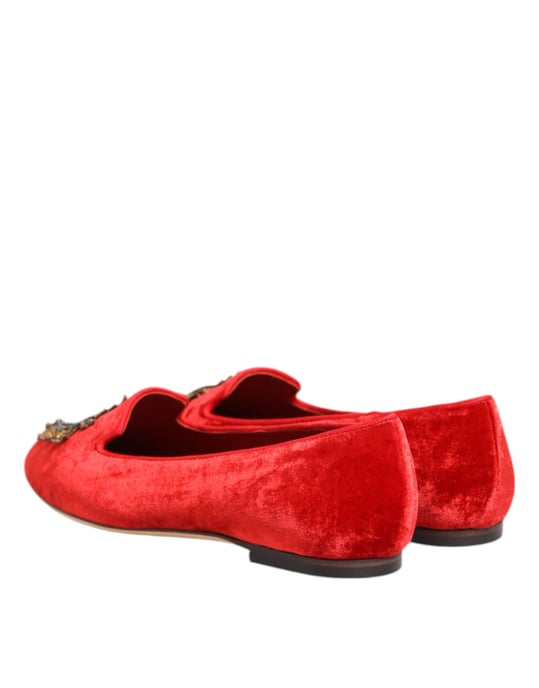 Dolce & Gabbana Red Velvet DG Heart Loafers Flats Shoes - Image 6