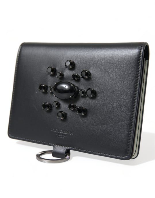 Dolce & Gabbana Zwarte Leren Kaarthouder Portemonnee met Kristalversiering - Image 3