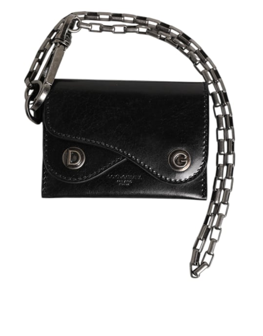 Dolce & Gabbana Zwarte Cavallo Leren Portemonnee Ketting Drukknop Bifold Kaart Houder - Image 1