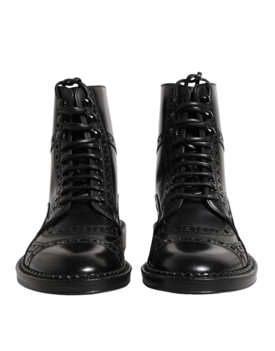 Dolce & Gabbana Zwarte Leren Veterschoenen Tot Halverwege de Kuit - Image 2