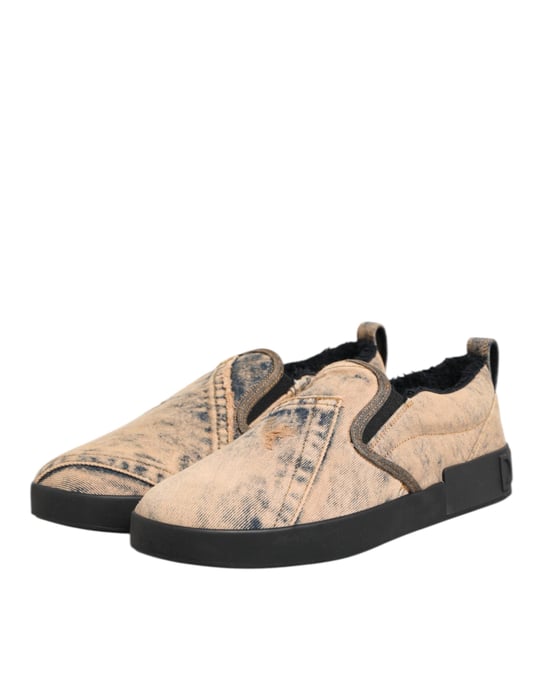 Dolce & Gabbana Beige Cotton Low Top Slip On Sneakers Shoes - Image 5