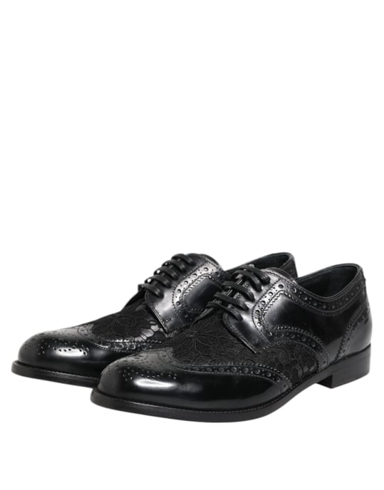 Dolce & Gabbana Svart Läder Blommig Spets Klänning Formella Skor - Image 5