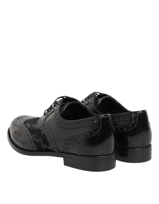 Dolce & Gabbana Svart Läder Blommig Spets Klänning Formella Skor - Image 6