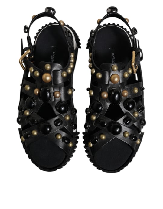 Dolce & Gabbana Zwarte Leren Studded Slippers Sandalen Schoenen - Image 3