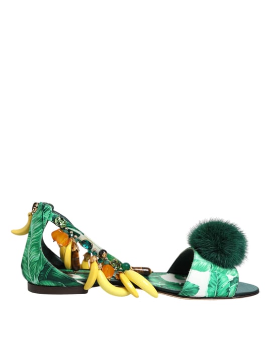 Dolce & Gabbana Groene Bont Satijnen Bananenblad Sandalen Schoenen - Image 1