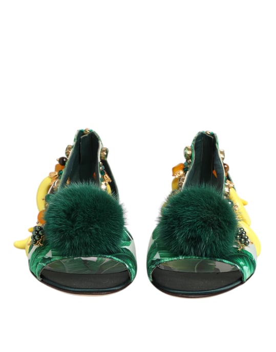 Dolce & Gabbana Groene Bont Satijnen Bananenblad Sandalen Schoenen - Image 3