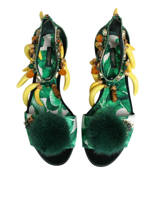 Dolce & Gabbana Groene Bont Satijnen Bananenblad Sandalen Schoenen - Image 4