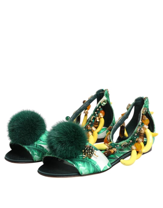Dolce & Gabbana Groene Bont Satijnen Bananenblad Sandalen Schoenen - Image 5