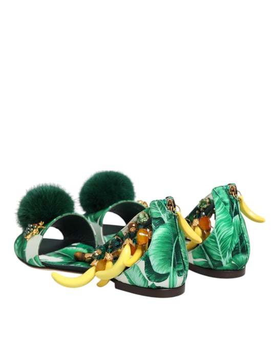 Dolce & Gabbana Groene Bont Satijnen Bananenblad Sandalen Schoenen - Image 6