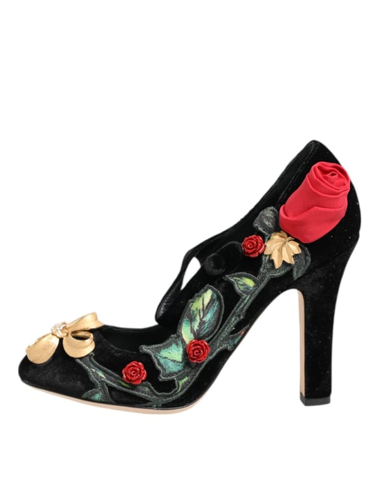 Dolce & Gabbana Black Roses Crystal Brooch Mary Jane Shoes - Image 2
