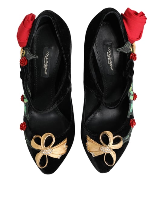 Dolce & Gabbana Black Roses Crystal Brooch Mary Jane Shoes - Image 4