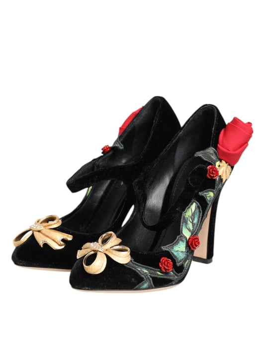 Dolce & Gabbana Black Roses Crystal Brooch Mary Jane Shoes - Image 5
