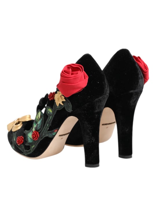 Dolce & Gabbana Black Roses Crystal Brooch Mary Jane Shoes - Image 6