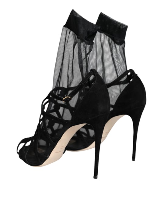 Dolce & Gabbana Svarta Tyll Stretch Klacksandaler Sko - Image 4