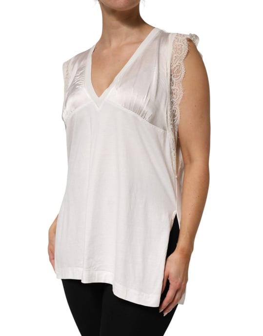 PINKO Witte Zijde Mix Kant Afwerking Mouwloze V-Hals Dames Top - Image 3