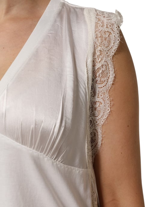 PINKO Witte Zijde Mix Kant Afwerking Mouwloze V-Hals Dames Top - Image 6