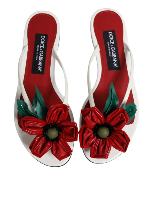 Dolce & Gabbana Rode Witte KEIRA Bloem Leer Sandalen Schoenen - Image 3