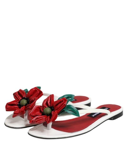 Dolce & Gabbana Rode Witte KEIRA Bloem Leer Sandalen Schoenen - Image 4