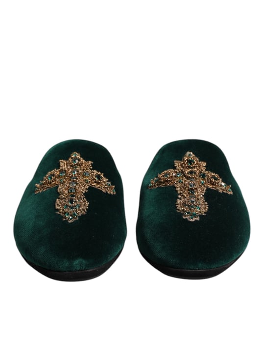 Dolce & Gabbana Grön Sammet Kors Smyckade Tofflor skor - Image 2