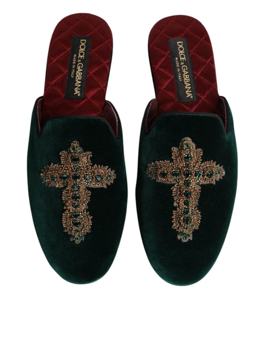 Dolce & Gabbana Groene Fluwelen Kruz Sieraden Slippers Schoenen - Image 3