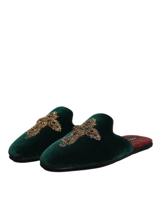 Dolce & Gabbana Groene Fluwelen Kruz Sieraden Slippers Schoenen - Image 4