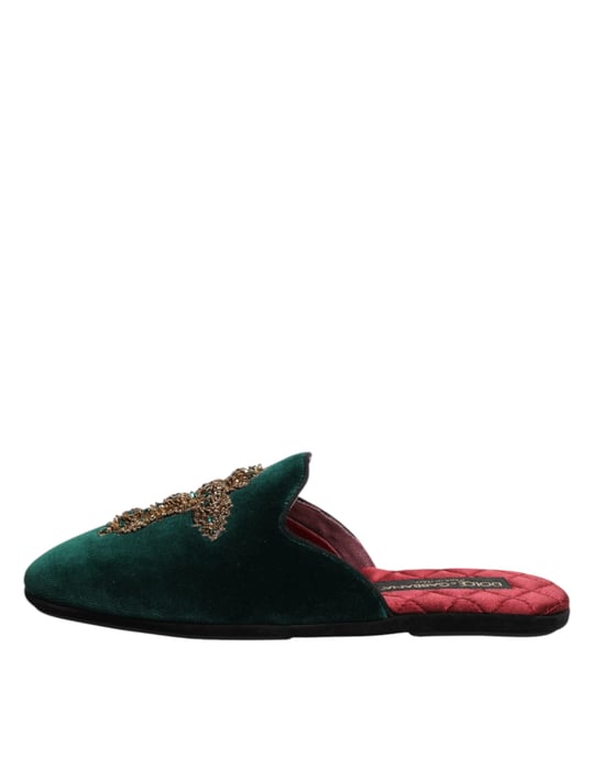 Dolce & Gabbana Groene Fluwelen Kruz Sieraden Slippers Schoenen - Image 6