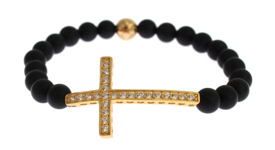 Nialaya Matte Onyx Steen Gouden CZ Kruis 925 Zilveren Armband - Image 3
