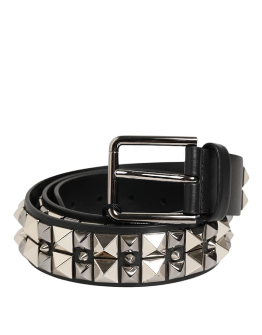 Dolce & Gabbana Black Calf Leather Studded Silver Buckle Belt - Image 2