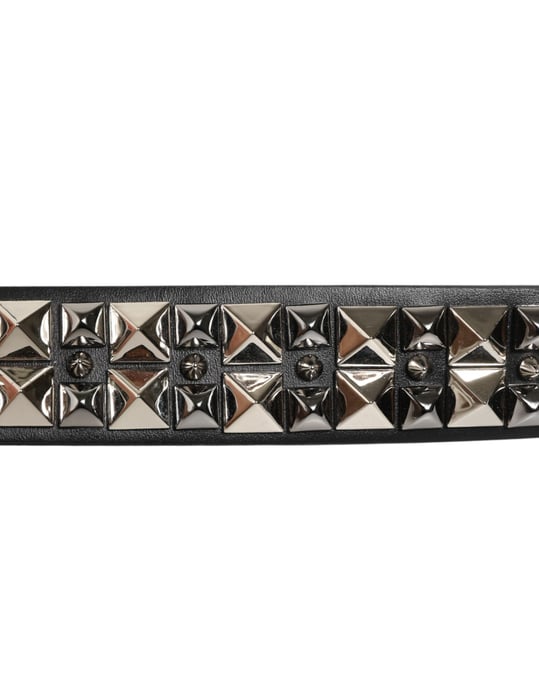 Dolce & Gabbana Black Calf Leather Studded Silver Buckle Belt - Image 5