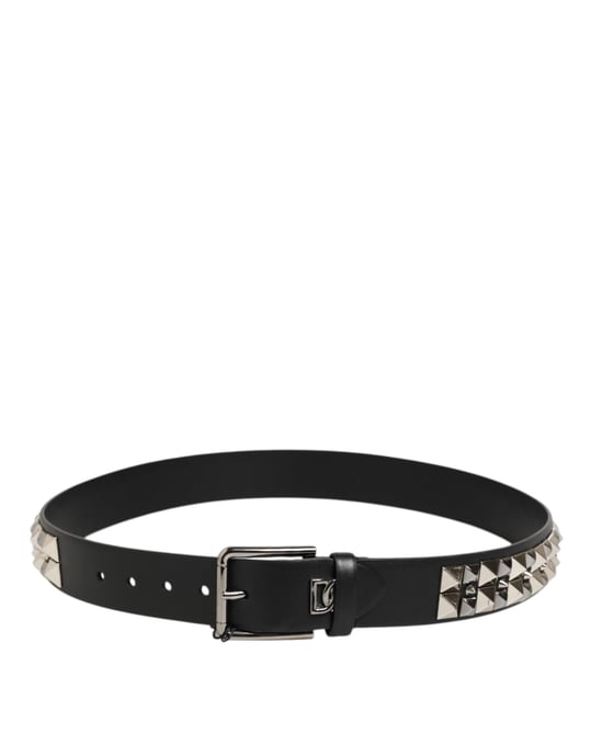 Dolce & Gabbana Black Calf Leather Studded Silver Buckle Belt - Image 6